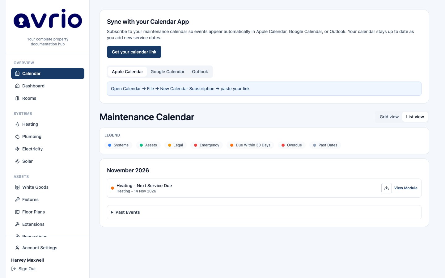 Avrio maintenance calendar with a boiler service due