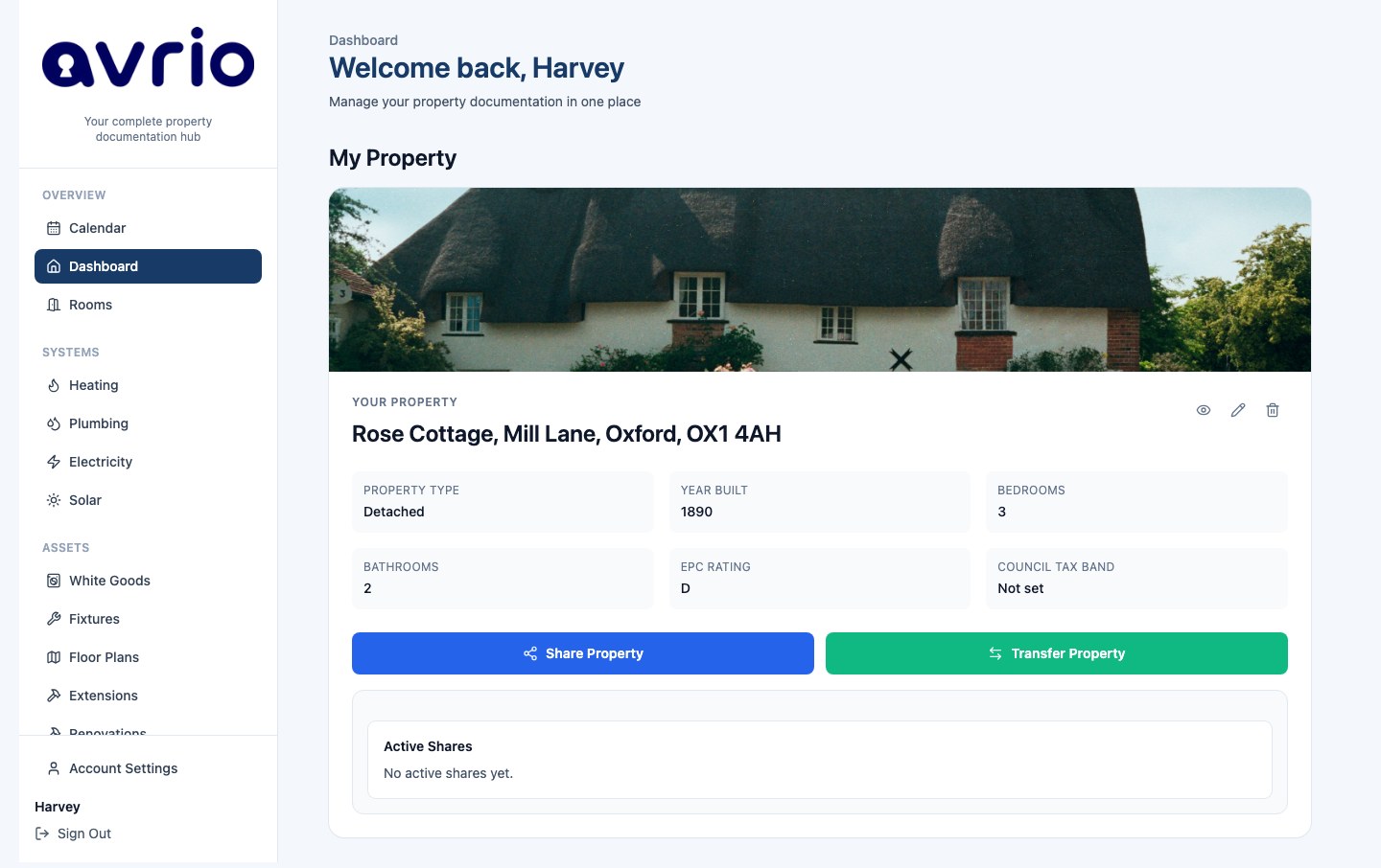 Avrio dashboard for the demo property, Rose Cottage