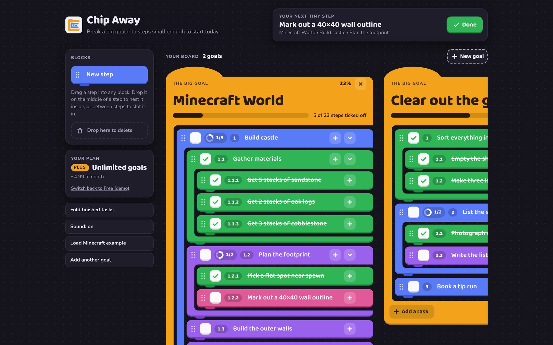 Chip Away Plus on desktop in the dark theme, two goals side by side