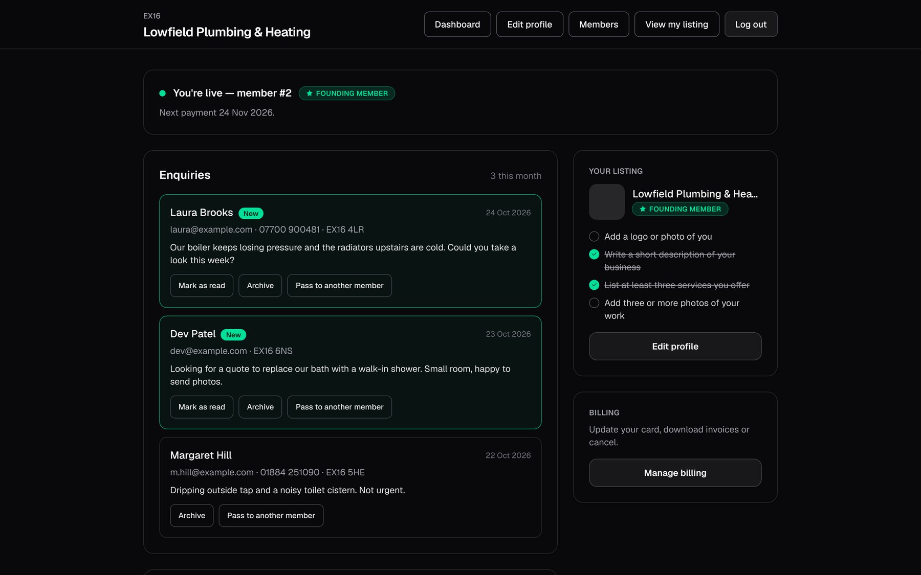 EX16 on desktop: The member dashboard
